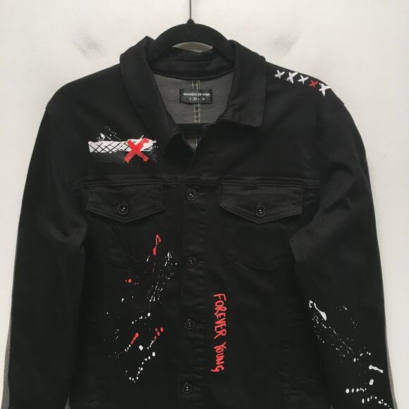 Maniere De Voir Mens Black Gray 2 Pc Set Denim Jacket M Graffiti Skinny Jeans 34 - Picture 3 of 16